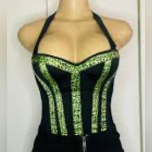 Green and black animal print stripes.  Corset bustier halter top